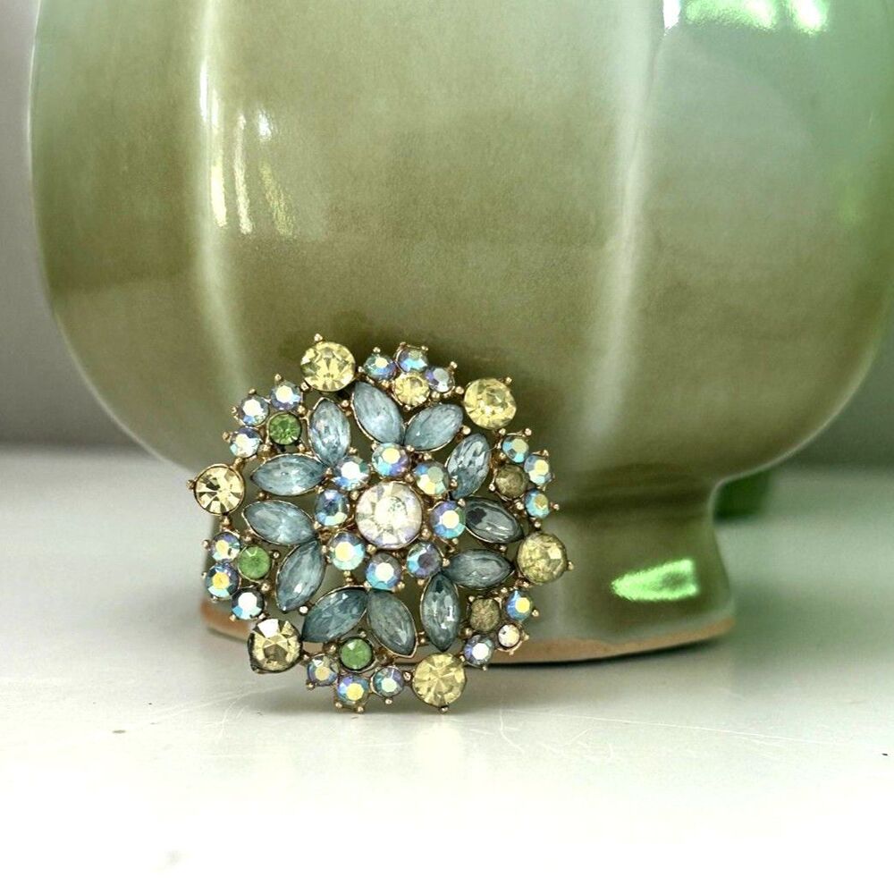 Vintage Trifari Layered Brooch Blue AB Pale Yellow Green Rhinestone Silver Tone